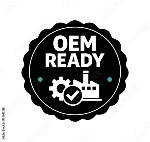 Flat vector seal stamp badge OEM READY simple white factory building with gear and checkmark tiny accent dot