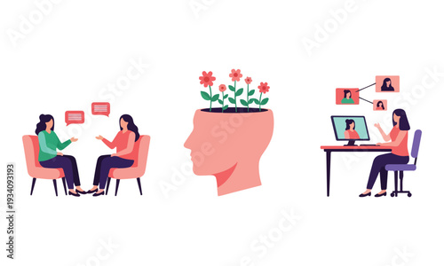 Counseling, Mental Health & Online Communication Flat Vector Illustration
