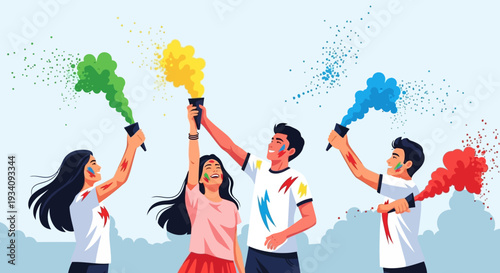 Dynamic Festival of Colors Celebration with Energetic Friends and Vibrant Smoke Bombs