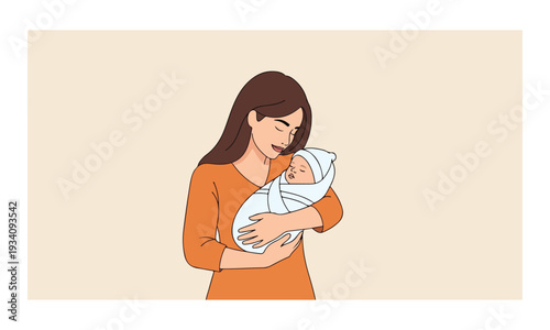 Mother embracing swaddled sleeping newborn baby