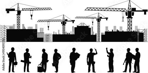 Construction site silhouette with cranes and workers, industrial building development scene, engineering teamwork vector illustration isolated on white background