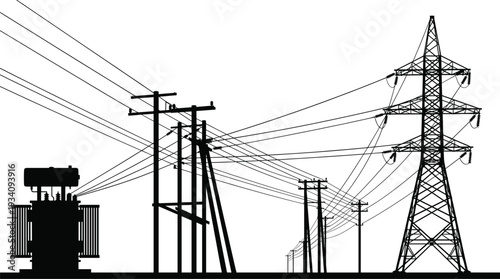 Electrical substation and transmission tower network, black and white vector illustration of power lines, transformer and high voltage distribution system