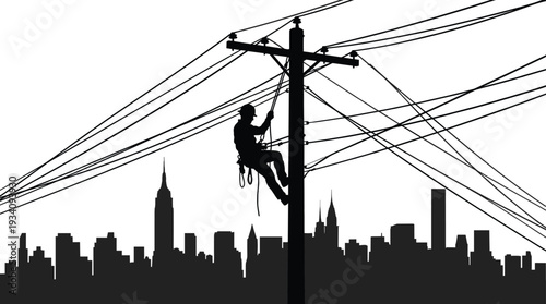 Electric utility worker on power pole over city skyline, silhouette vector illustration of overhead line maintenance and urban electrical distribution network