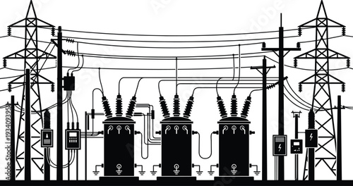 Electrical substation with transformers and transmission towers, black and white vector illustration of high voltage power grid infrastructure system