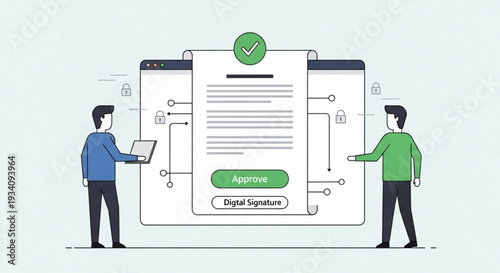 Two businessmen approving digital document with electronic signatures online