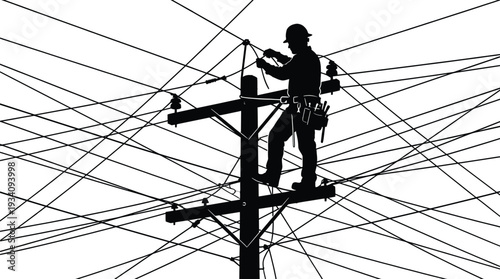 Electrician working on utility pole, silhouette vector illustration of power line maintenance technician repairing overhead electrical wires and distribution network infrastructure