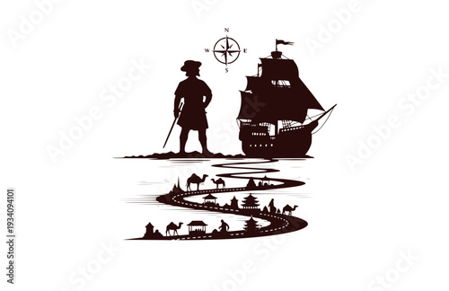Marco Polo Explorer Silhouette on Ship, Historical Travel and Silk Road Vector Sticker, Adventure and Discovery Icon