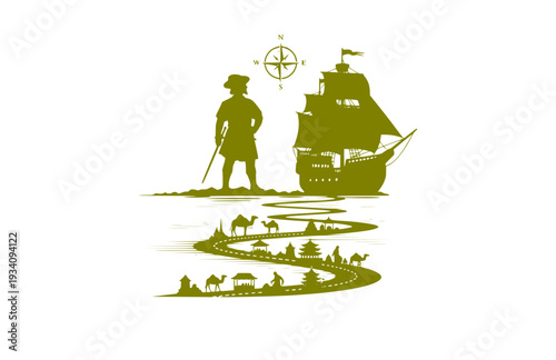 Marco Polo Explorer Silhouette on Ship, Historical Travel and Silk Road Vector Sticker, Adventure and Discovery Icon