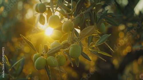 olive tree branch with green olives on it, in an olive grove