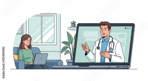 Telemedicine consultation with doctor on laptop screen woman sitting on couch at home