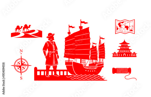 Marco Polo Explorer Silhouette on Ship, Historical Travel and Silk Road Vector Sticker, Adventure and Discovery Icon