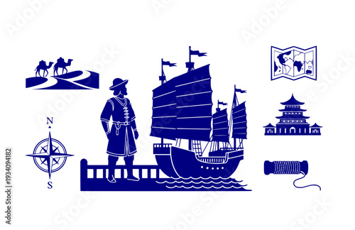 Marco Polo Explorer Silhouette on Ship, Historical Travel and Silk Road Vector Sticker, Adventure and Discovery Icon