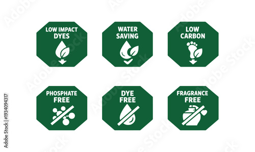 Flat vector octagon badge solid deep forest green octagon background badge texts and icons: LOW IMPACT DYES droplet leaf down arrow WATER SAVING droplet leaf checkmark LOW CARBON footprint