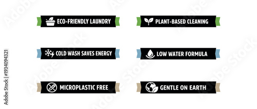 Flat vector label strip badge white bold uppercase long text beside text small muted accent tabs badge texts and icons: ECO FRIENDLY LAUNDRY leaf washing tub PLANT BASED CLEANING leaf