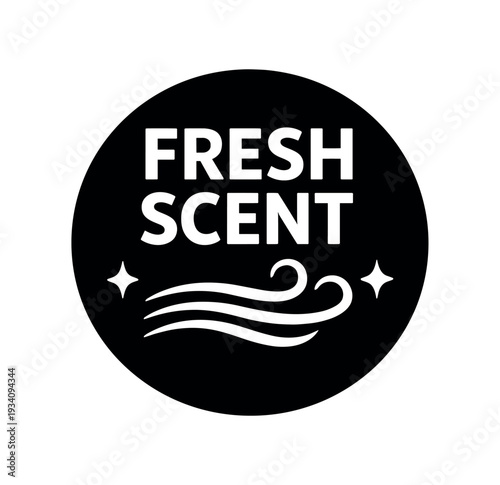 Flat vector badge FRESH SCENT simple white airflow lines with sparkle
