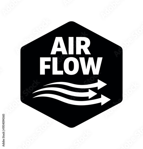 Flat vector hexagon badge solid black hexagon background AIR FLOW simple white airflow lines