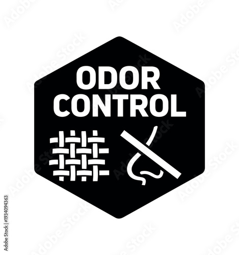 Flat vector hexagon badge solid black hexagon background ODOR CONTROL simple white fabric weave with nose slash