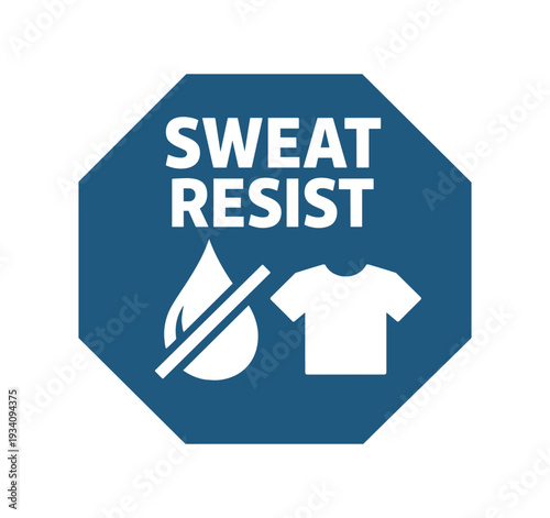 Flat vector octagon badge solid deep slate octagon background SWEAT RESIST simple white droplet with slash and t shirt