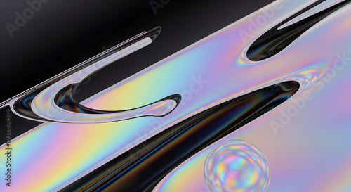 Abstract chrome liquid sculpture with holographic rainbow reflections, futuristic industrial design element on dark background