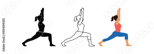 Woman warrior yoga pose for strength practice wellness and self care icon vector icon set three styles: black solid silhouette thin black outline and flat colored with solid fills. Clean