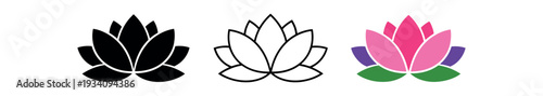Lotus flower fully open for spiritual wellness symbol ayurveda and eastern wellness icon vector icon set three styles: black solid silhouette thin black outline and flat colored with solid