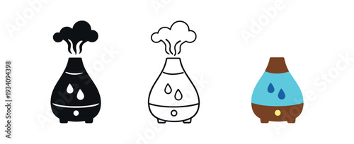 Essential oil diffuser with mist cloud for aromatherapy wellness and self care icon vector icon set three styles: black solid silhouette thin black outline and flat colored with solid
