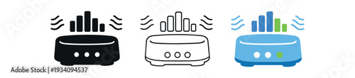 White noise machine with sound wave lines for sleep environment sleep and recovery icon vector icon set three styles: black solid silhouette thin black outline and flat colored with solid