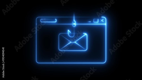 Neon Email Phishing Scam Icon Isolated on Black Background. Fishing hook stealing envelope from browser window. Concept of email phishing and email scams representing online fraud and cyber threats.