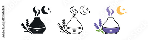 Diffuser with lavender mist and moon for evening aromatherapy sleep and recovery icon vector icon set three styles: black solid silhouette thin black outline and flat colored with solid