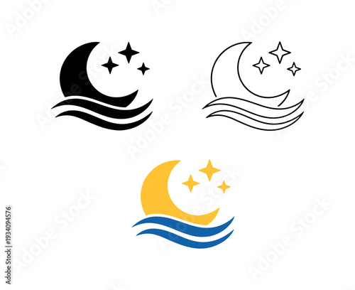 Moon and stars symbol with sleep wave for circadian rhythm sleep and recovery icon vector icon set three styles: black solid silhouette thin black outline and flat colored with solid fills.