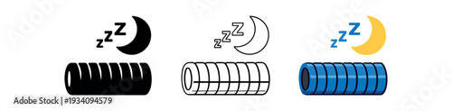 Recovery muscle foam roller with sleep moon symbol for rest day sleep and recovery icon vector icon set three styles: black solid silhouette thin black outline and flat colored with solid