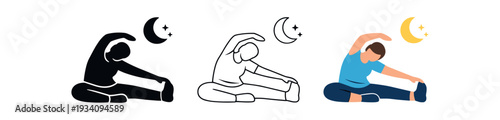 Stretching figure evening wind down pose for pre sleep movement sleep and recovery icon vector icon set three styles: black solid silhouette thin black outline and flat colored with solid