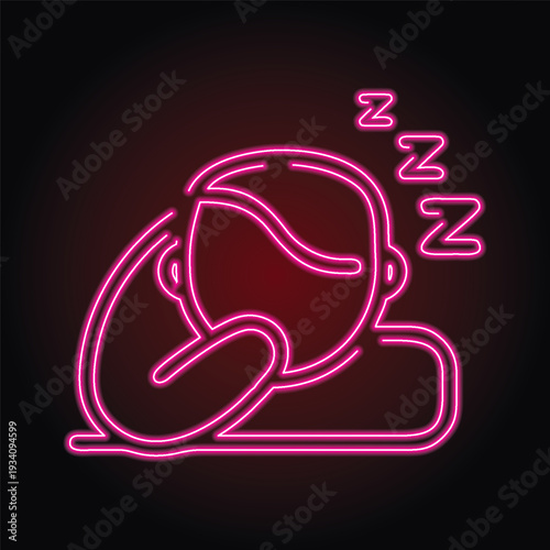 Sleeping person neon sign icon, glowing pink line art of man resting with zzz symbols, bedtime and exhaustion concept on dark background, electric light illustration.