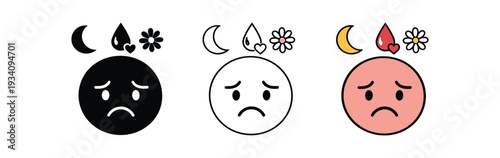 Period mood tracker face with cycle phase symbol for emotional wellness women' health and wellness icon vector icon set three styles: black solid silhouette thin black outline and flat