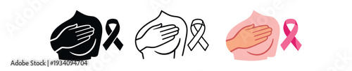 Breast self examination hand with awareness ribbon symbol women' health and wellness icon vector icon set three styles: black solid silhouette thin black outline and flat colored with solid