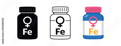 Iron supplement bottle with female symbol for period nutrition women' health and wellness icon vector icon set three styles: black solid silhouette thin black outline and flat colored with