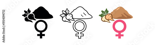 Maca root powder with female energy symbol for hormone support women' health and wellness icon vector icon set three styles: black solid silhouette thin black outline and flat colored with