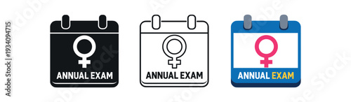 Gynecology checkup calendar with female symbol for annual exam reminder women' health and wellness icon vector icon set three styles: black solid silhouette thin black outline and flat