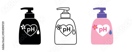 Feminine hygiene wash bottle with pH symbol for intimate care women' health and wellness icon vector icon set three styles: black solid silhouette thin black outline and flat colored with