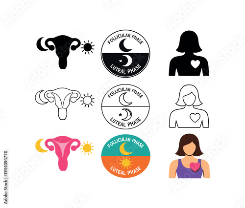Seed cycling four seeds cycle phases for hormone nutrition women' health and wellness icon vector icon set three styles: black solid silhouette thin black outline and flat colored with
