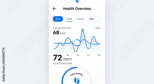 Health overview screen displaying heart rate data and daily activity tracking on a mobile device