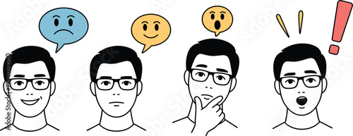 Man facial expressions set with speech bubbles, emotions reaction concept, thinking surprised happy and sad illustration artwork