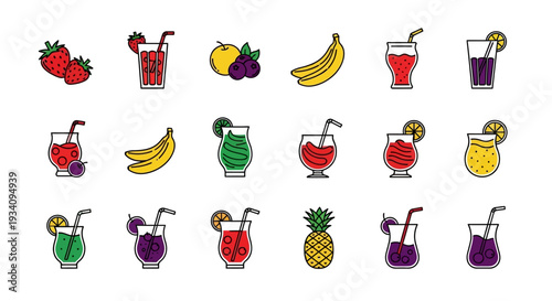Colorful cartoon juice illustrations with various fruits in glasses against a white backdrop