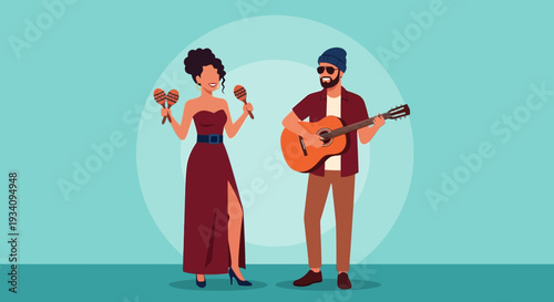 Musical Duo Performing Live with Guitar and Maracas - Flat Vector Illustration