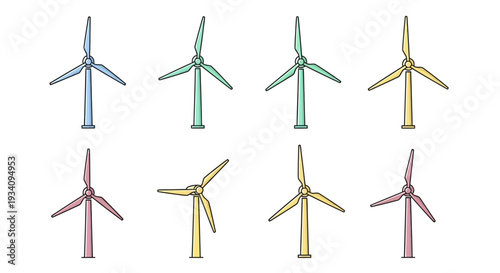 Colorful illustration of multiple wind turbines depicting renewable energy sources efficiently