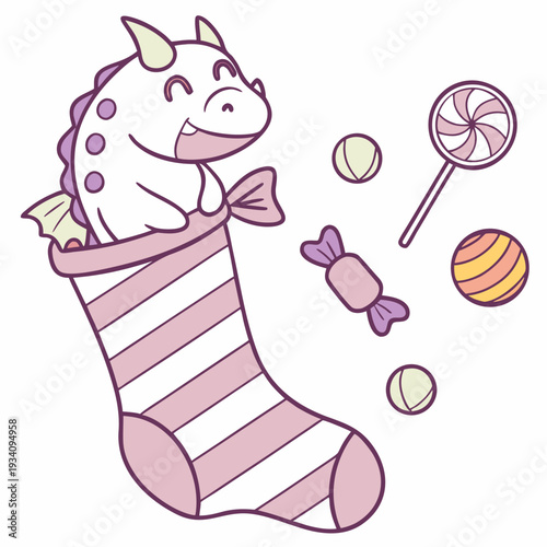 Bashful expression on a Dragon in a Birthday theme, with snuggled in a sock – Candy Shop vector art