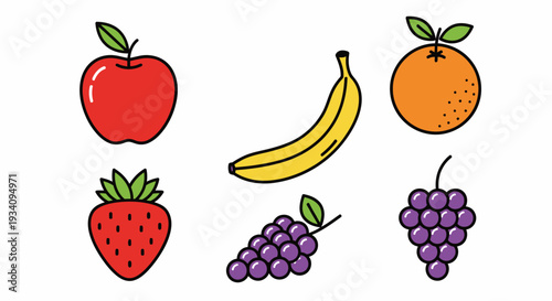 Colorful illustration of various fruits including apple, banana, orange, strawberry, and grapes