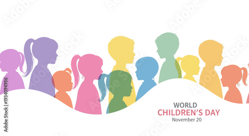World Children's Day Banner with Diverse Kids Silhouettes - Global Unity, Child Rights & Hope
