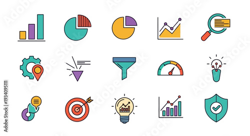 Data analysis and business icons set illustration depicting charts and statistical representations