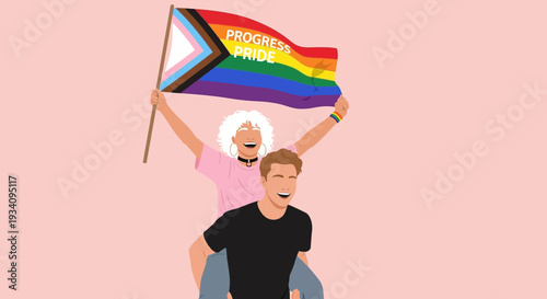Joyful Diverse Couple Celebrating Love and Progress with Progress Pride Flag. Happy LGBTQ+ People Waving Rainbow Flag in Support of Equality